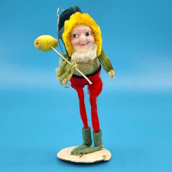 Vintage 1950s Putz Elf w/ Hammer Ornament Spun Cotton Chenille Celluloid Face - Picture 2 of 8